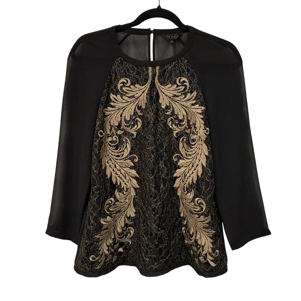 Ted Baker Hadara Blouse Size 3 Womens Large Top Metallic Embroidered Lace Goth